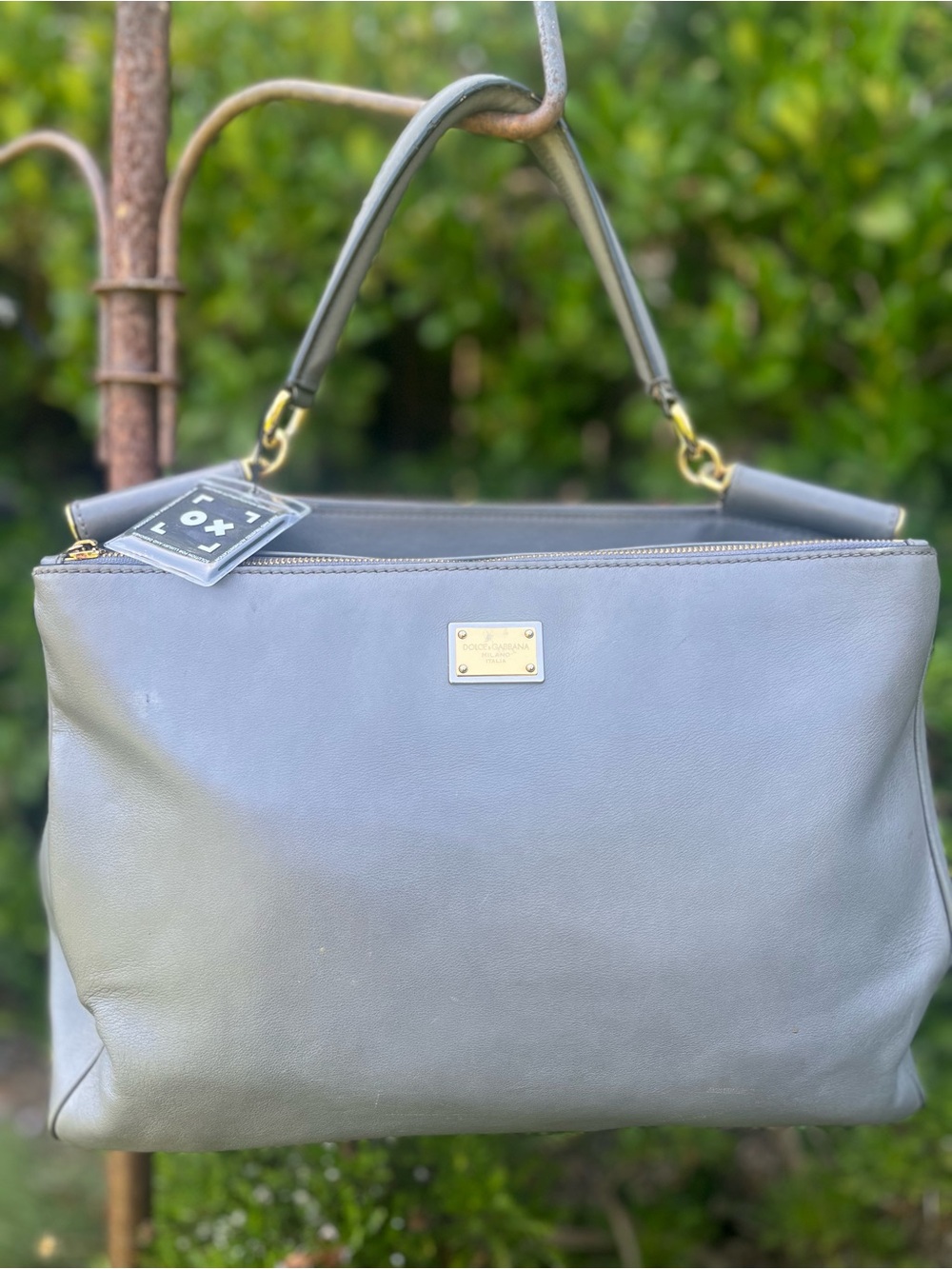 Dolce & Gabbana Grey Leather Large Tote Shoulder Bag Leopard Lining COA